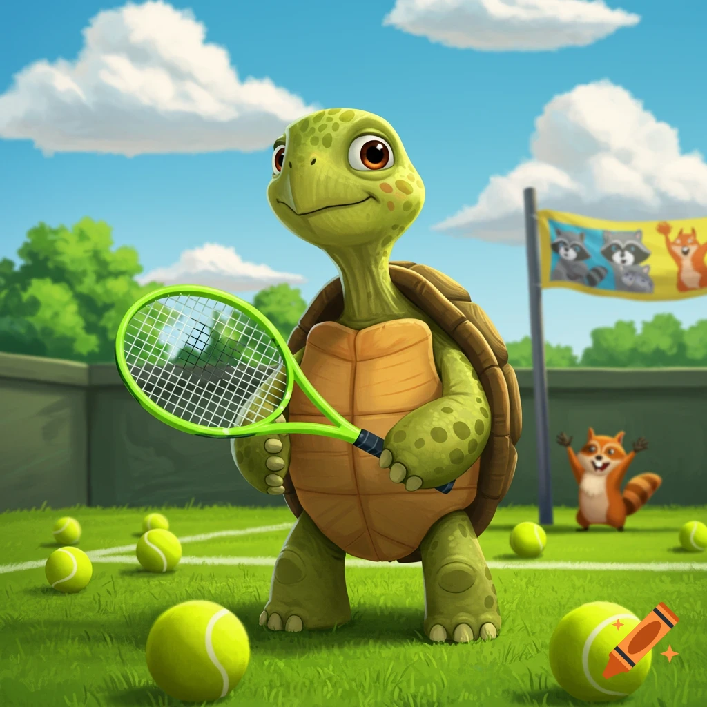 A cheerful cartoon turtle holding a tennis racket on a green tennis court with scattered tennis balls under a blue sky.