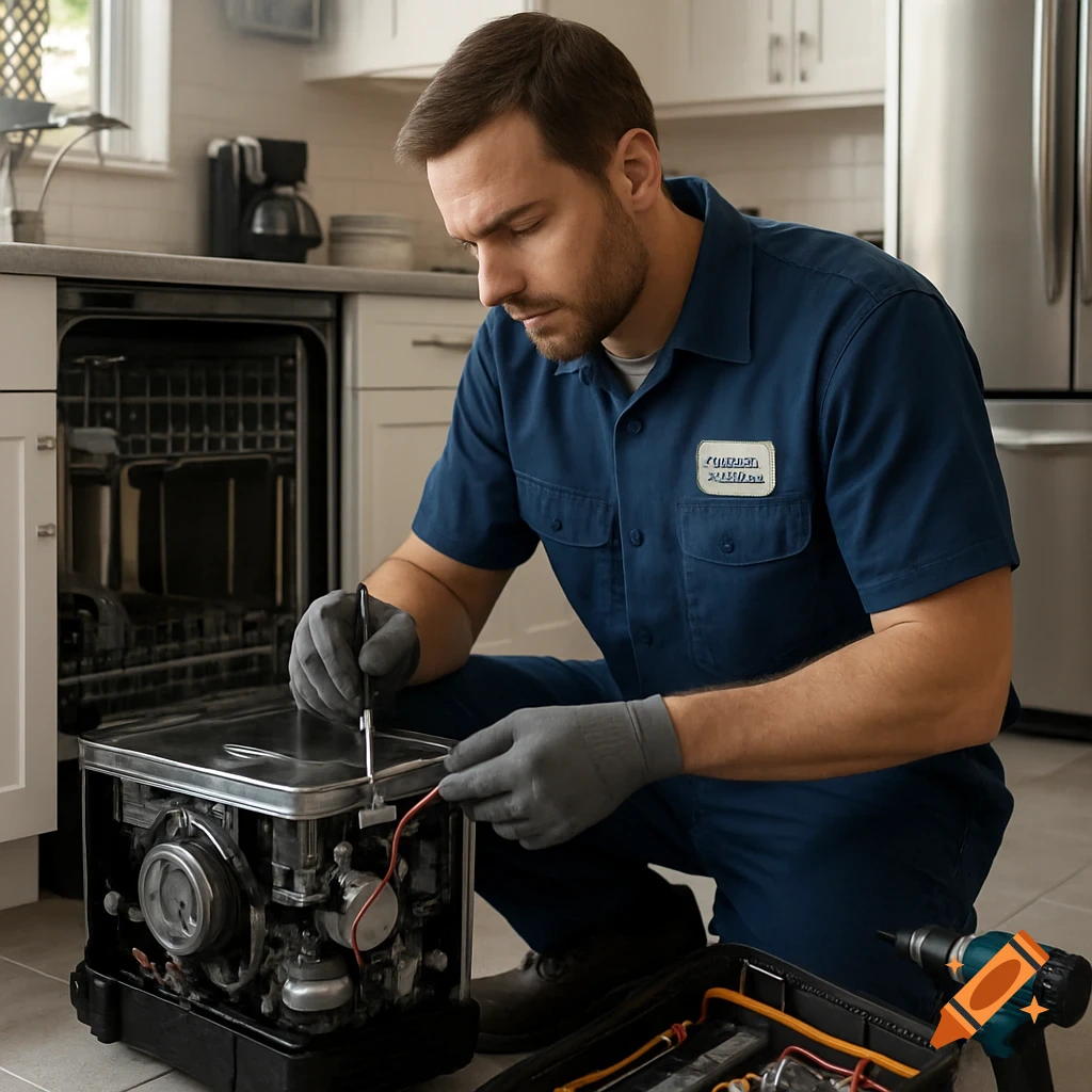 Male technician in blue uniform kneeling, repairing a dishwasher in a modern kitchen, with tools laid out beside him.