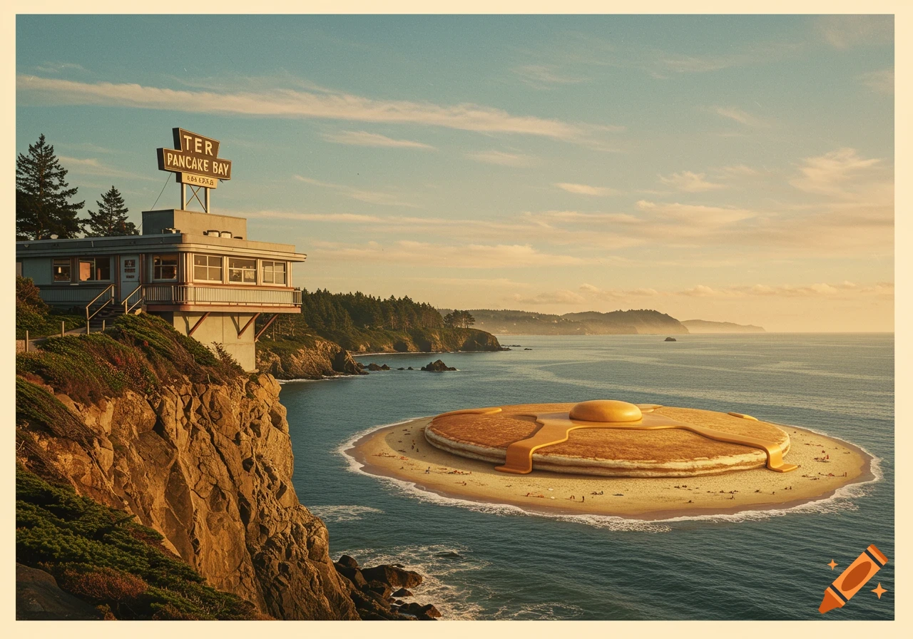 A retro diner on a cliff overlooking a surreal ocean scene with a giant pancake-shaped island, dripping with syrup and butter.