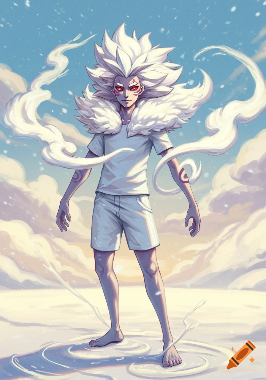 Anime character with spiky white hair, red eyes, and white clothing stands in water with swirling clouds around him under a snowy sky.