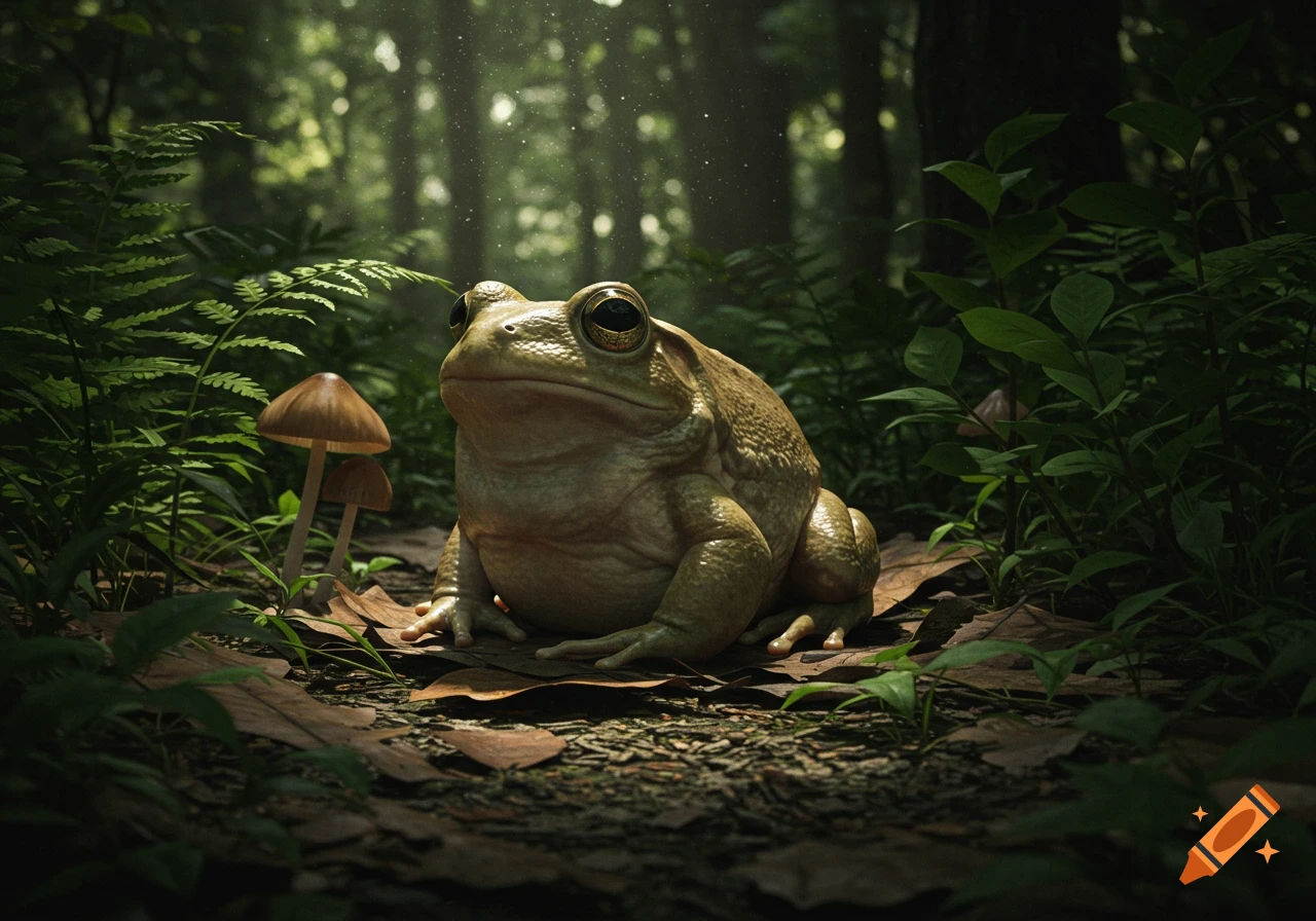 Photorealistic image of a large, plump frog sitting on fallen leaves in a sun-dappled forest with mushrooms.