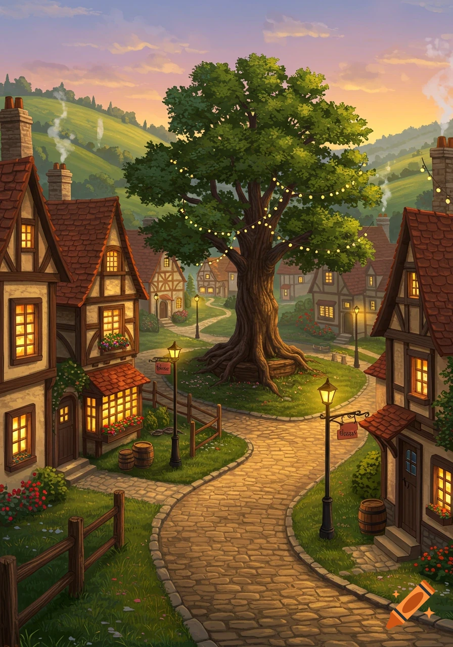 Charming storybook village illustration with cobblestone paths, half-timbered houses, and a large tree with lights at sunset.