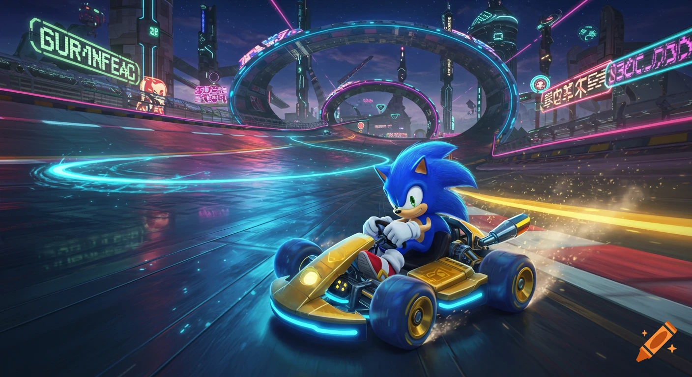 Sonic the Hedgehog races in a golden kart on a vibrant, neon-lit futuristic track with towering buildings and glowing rings.