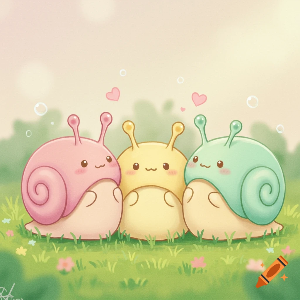 Three adorable pastel cartoon snails sit on green grass with hearts and bubbles, in a kawaii style.