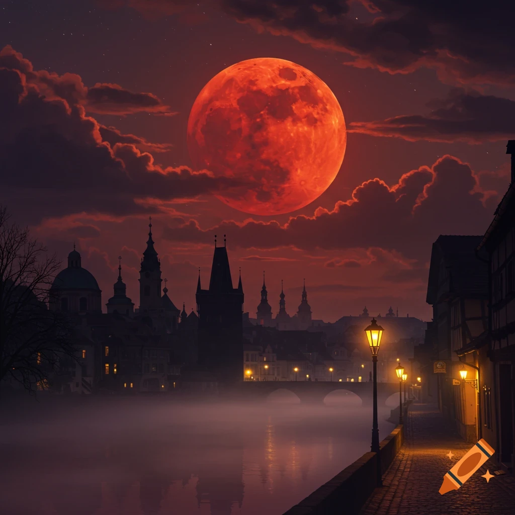 A giant red blood moon glows over a dark, misty city at night, with streetlights illuminating a riverside path and buildings.