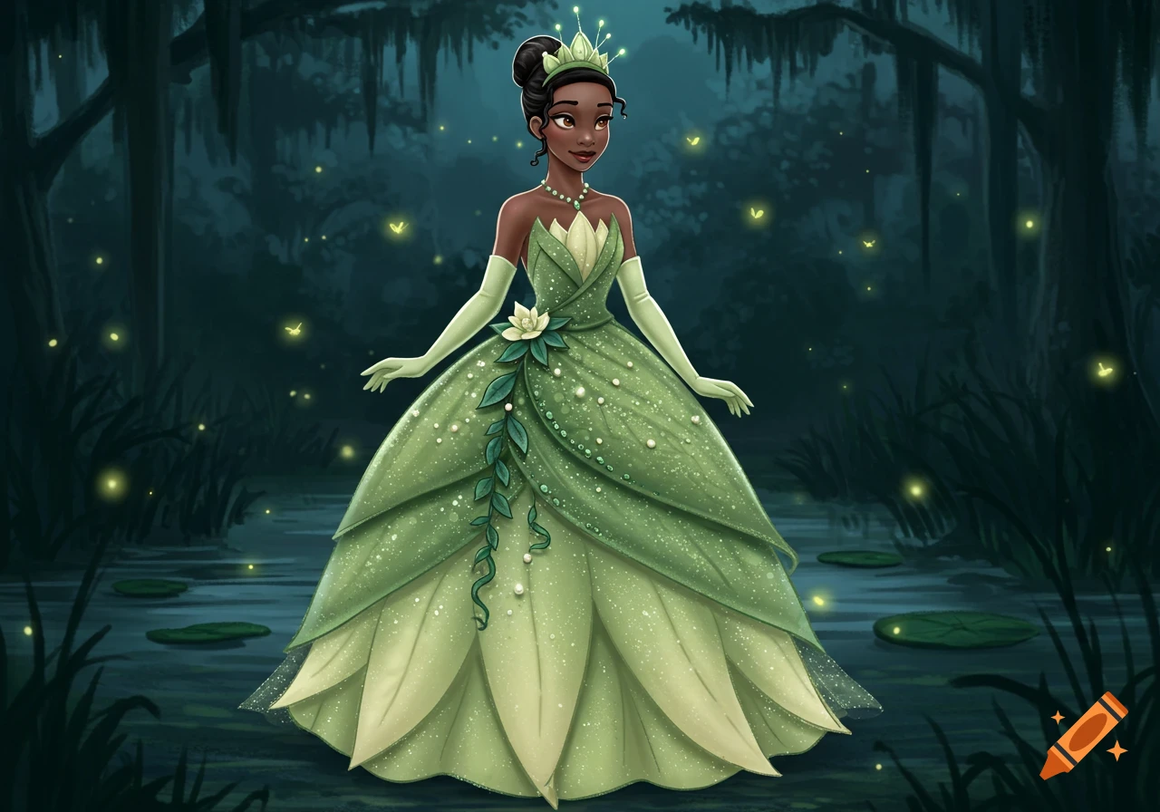 Princess Tiana in a shimmering green leaf gown stands in a dark, magical swamp with glowing fireflies in Disney animation style.