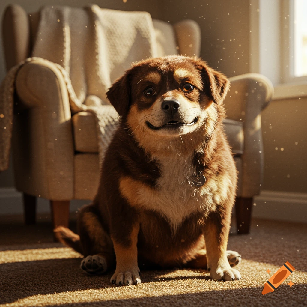 Photorealistic brown and tan dog sitting on a carpet in a sunlit room, with an armchair in the background.