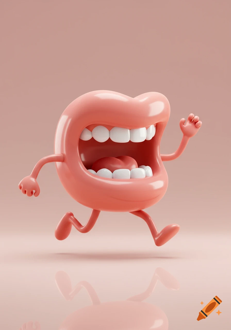A joyful 3D rendered cartoon mouth with arms and legs running on a pink background, waving.