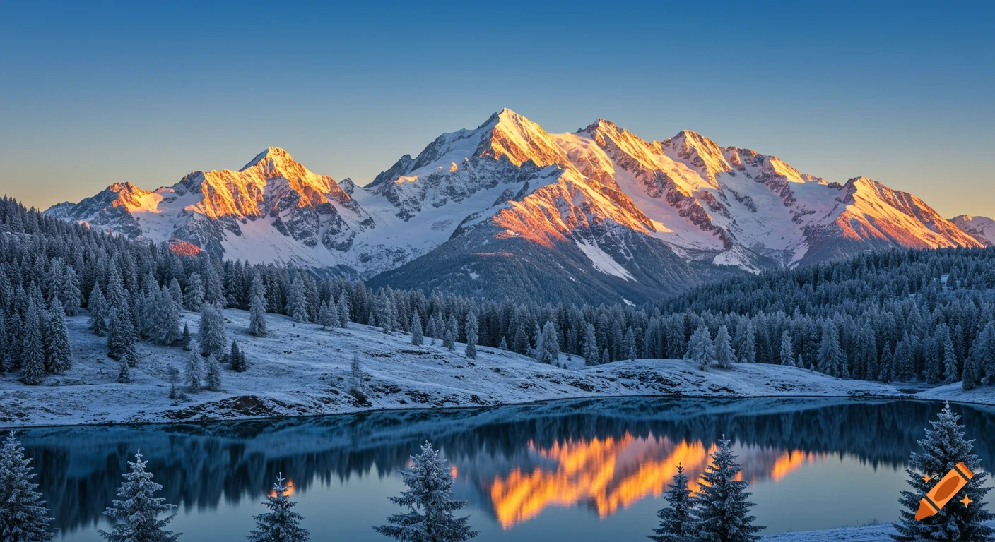 Snow-capped Alpine mountains at dawn, glowing golden, reflected in a clear lake surrounded by frosty pine trees.