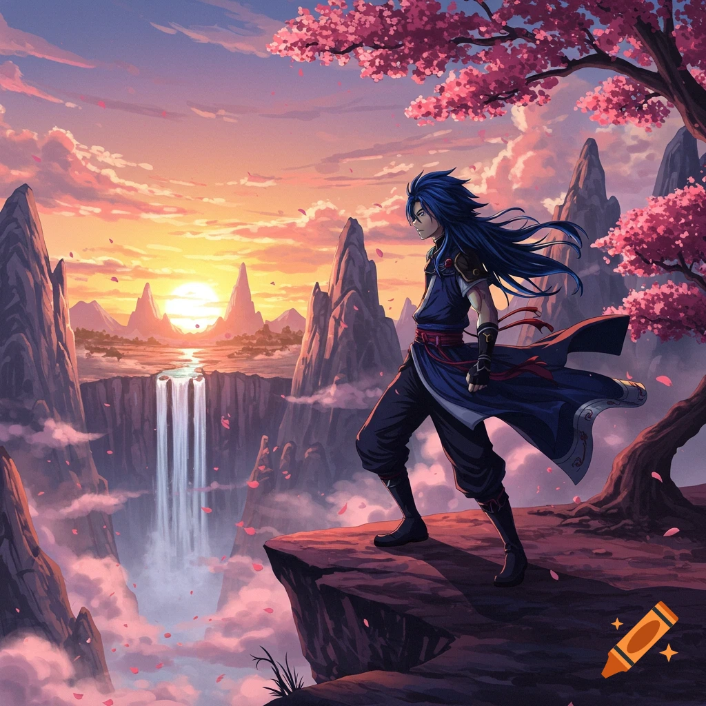 An anime character with long blue hair stands on a cliff edge, looking at a waterfall and distant mountains under a sunset with cherry blossoms.