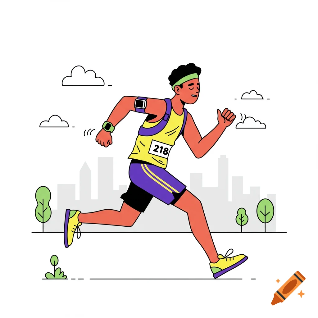 An illustration of a male marathon runner with bib number 218, wearing a headband and sports tech, running through an urban park.