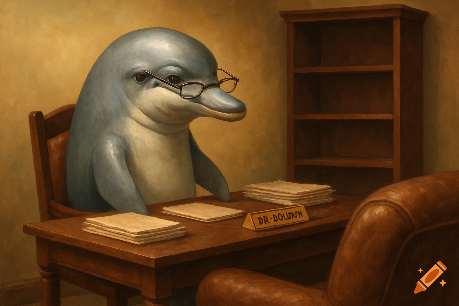A blue dolphin wearing glasses sits at a wooden desk like a therapist, with stacks of paper and a name tag, in a warmly lit room.