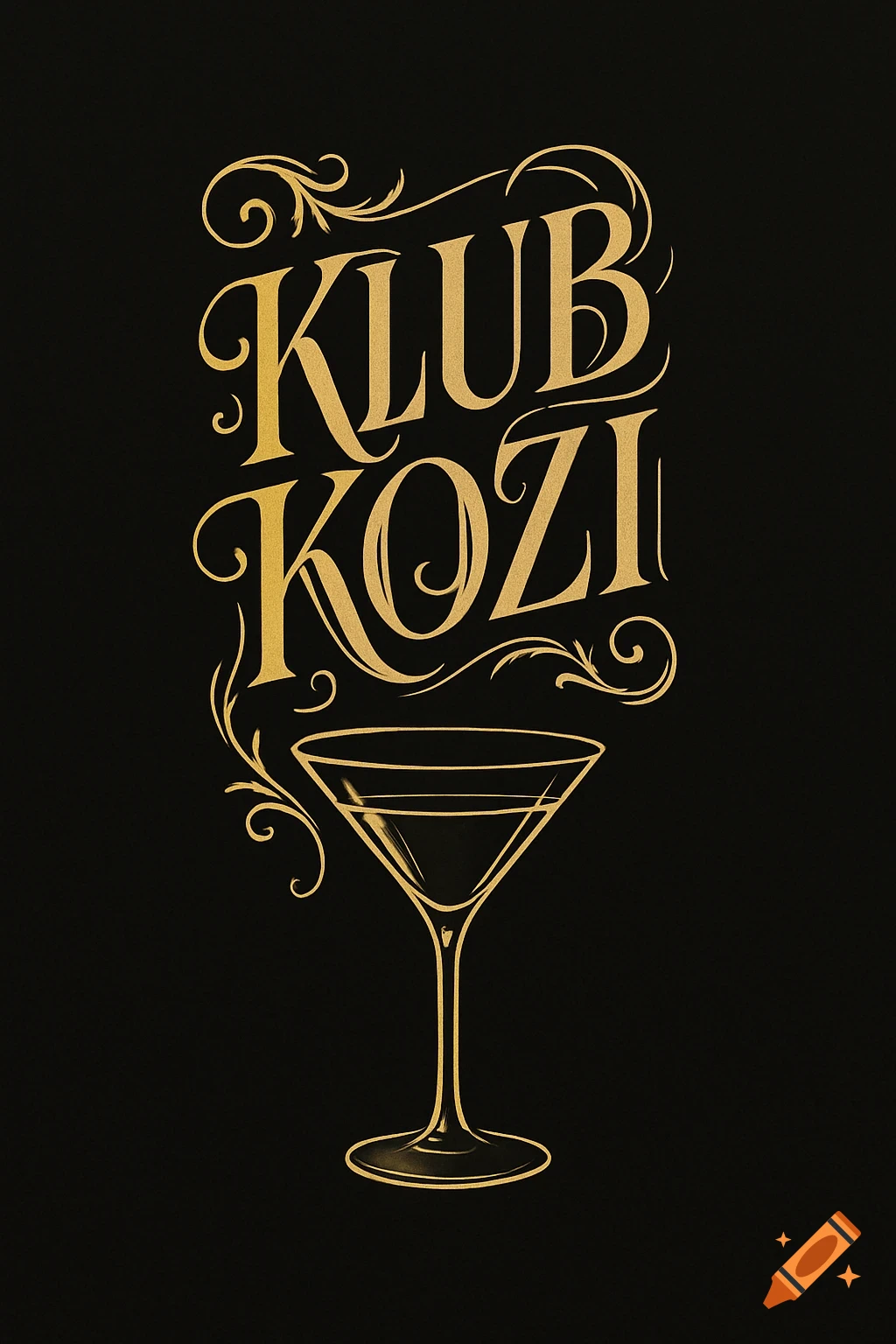 Gold 'KLUB KOZI' text with ornate swirling letters above a stylized martini glass on a black background, elegant logo design.