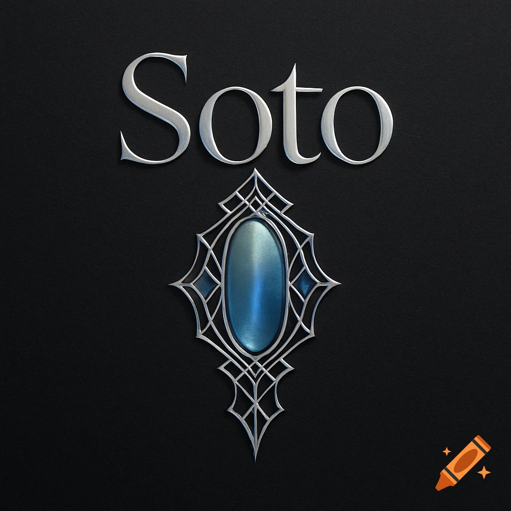 A metallic silver 'Soto' logo above an ornate silver and blue gem-like design on a black background.