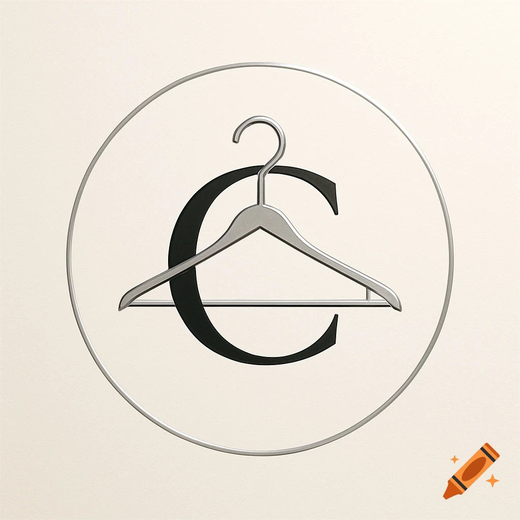 Minimalist logo of a silver clothing hanger over a black letter 'C' inside a silver circle on a cream background.