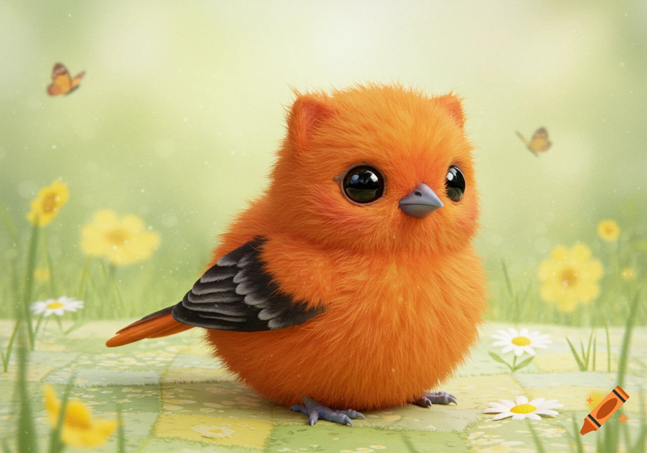A super cute, fluffy orange bird with big black eyes sits in a field of green grass and small flowers, with butterflies.