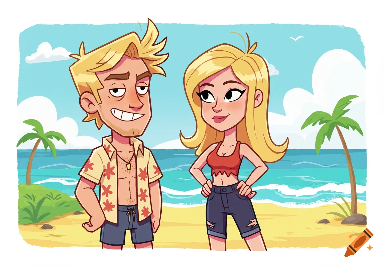 A cartoon illustration of a blond man and woman in beachwear standing on a sandy beach with palm trees and the ocean.