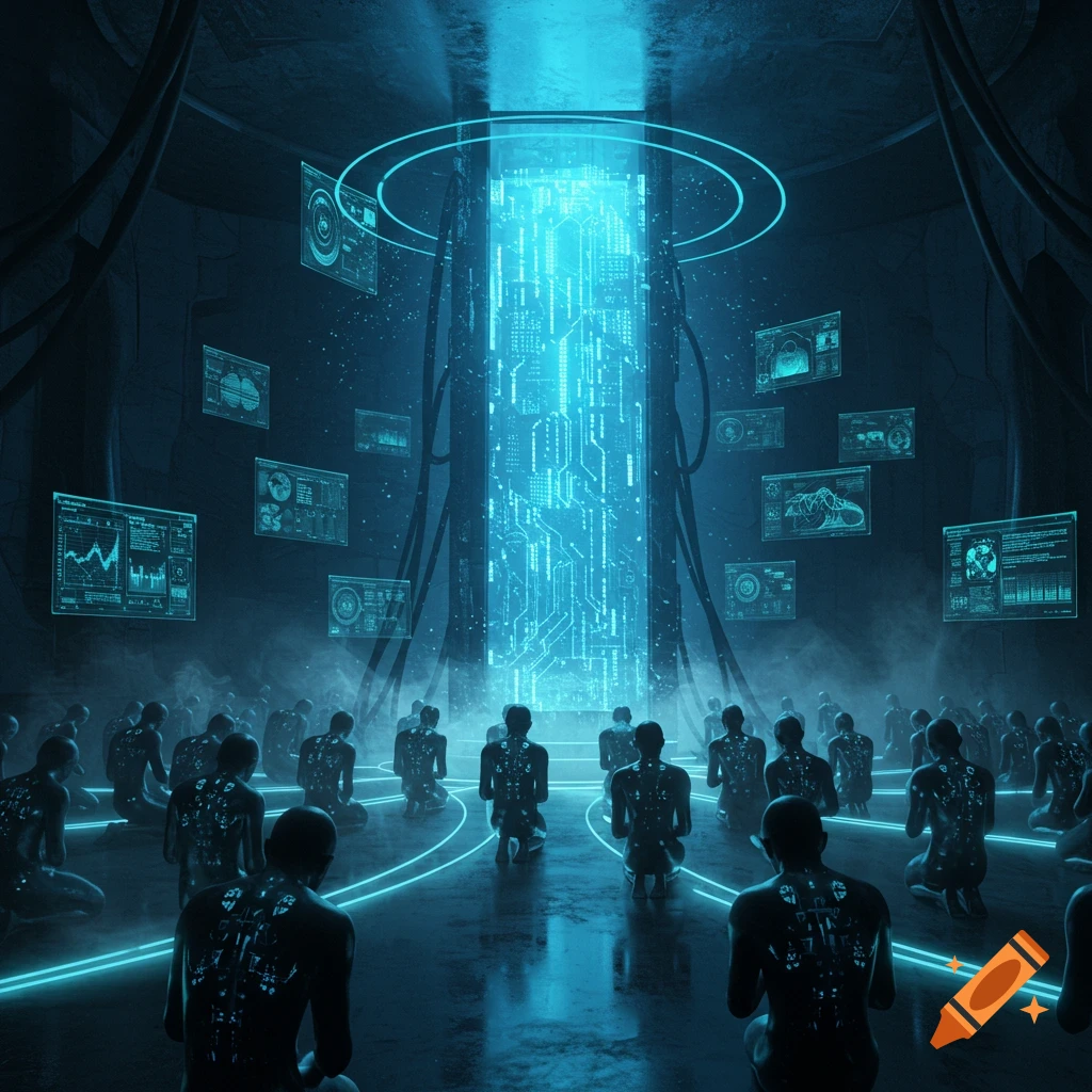 Silhouetted figures kneel around a glowing vertical data stream and holographic screens in a dark, futuristic chamber.