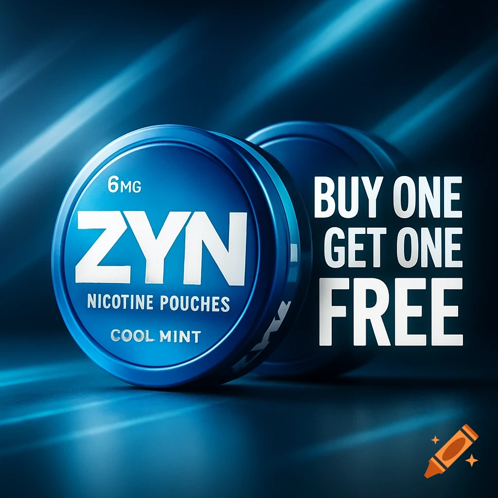 Two blue ZYN nicotine pouches with text 'BUY ONE GET ONE FREE' in a photorealistic product advertisement on a dark blue background.