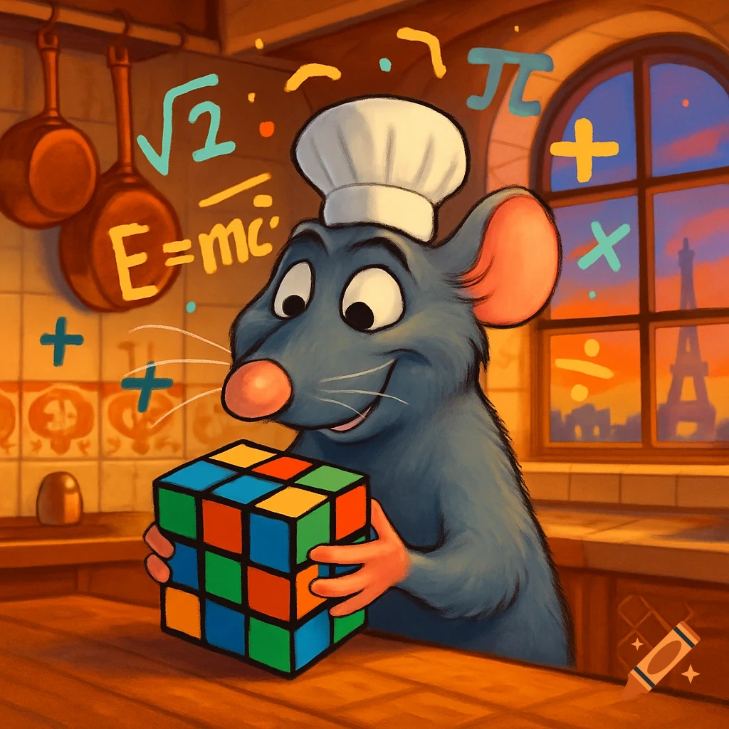 Cartoon rat, Remy from Ratatouille, in a chef hat holds a Rubik's cube. Math symbols float in a kitchen with Eiffel Tower view.