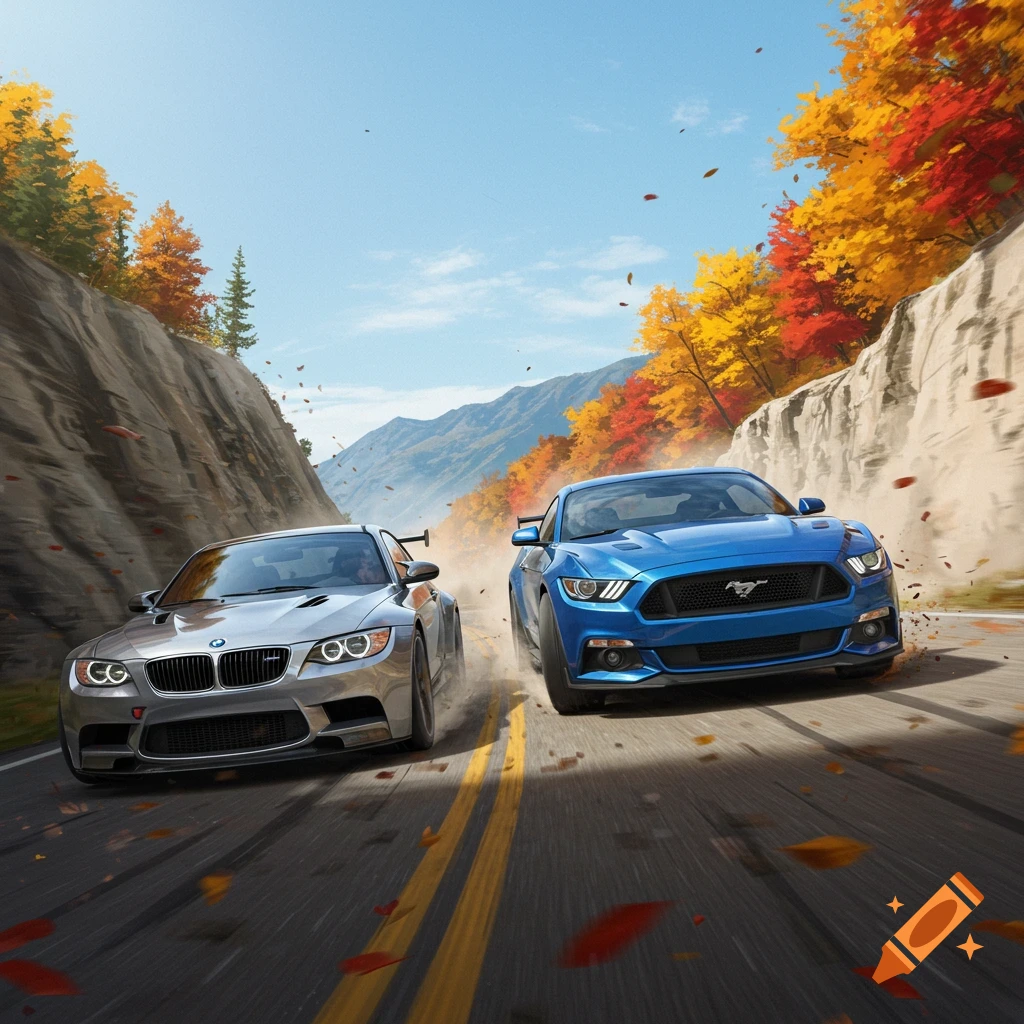 A silver BMW M3 GTR and a blue Ford Mustang GT race on a scenic mountain road lined with vibrant autumn trees.