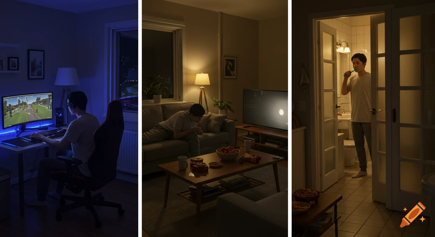 Photorealistic triptych of a person's cozy evening: gaming, relaxing on a couch with snacks, and brushing teeth before bed.