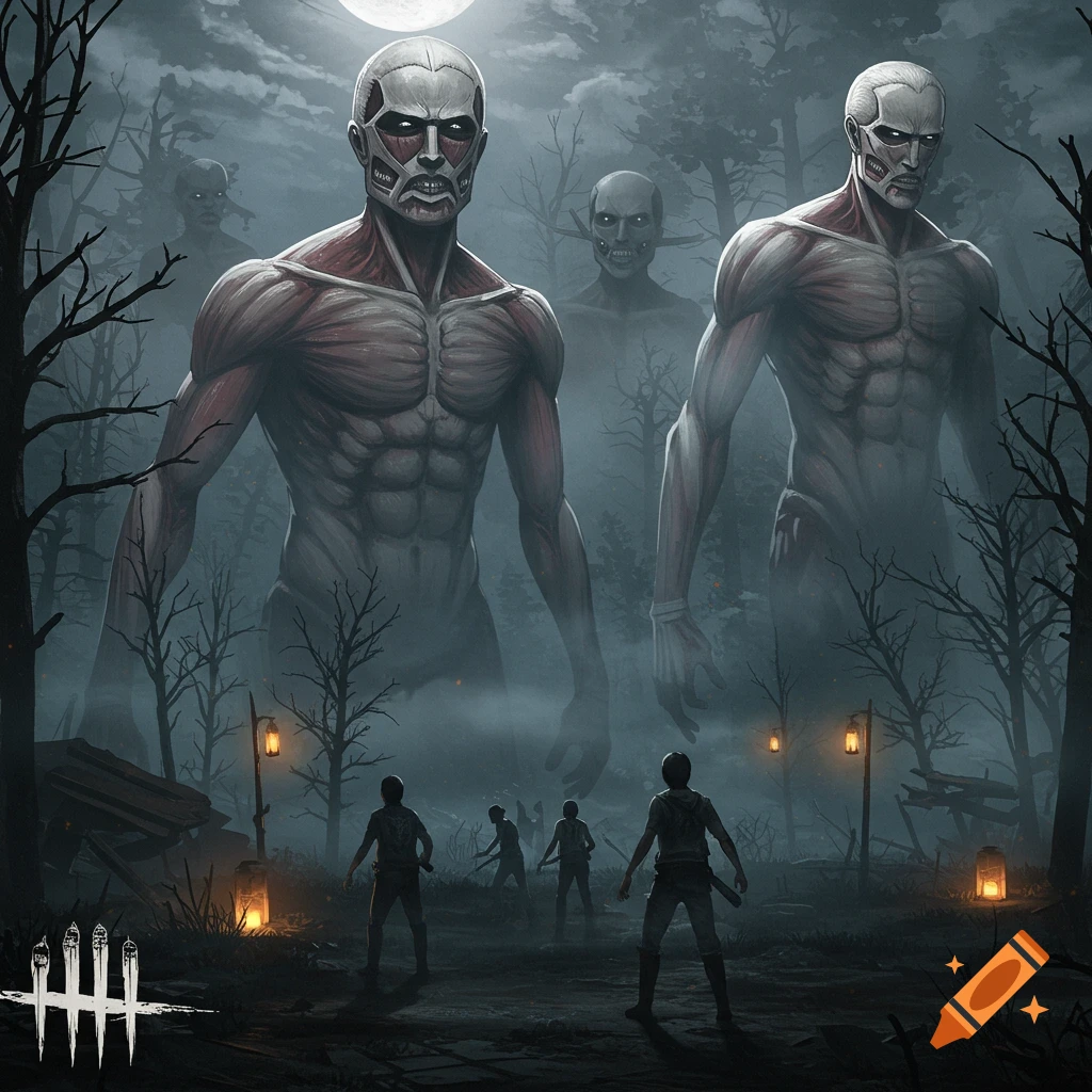 Massive, skinless Titans loom over small human survivors in a dark, foggy forest under a full moon, with the Dead by Daylight logo.