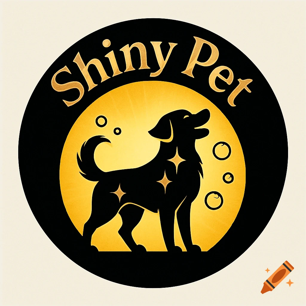 Logo featuring a black dog silhouette with golden sparkles, text 'Shiny Pet', and bubbles in a golden circle.