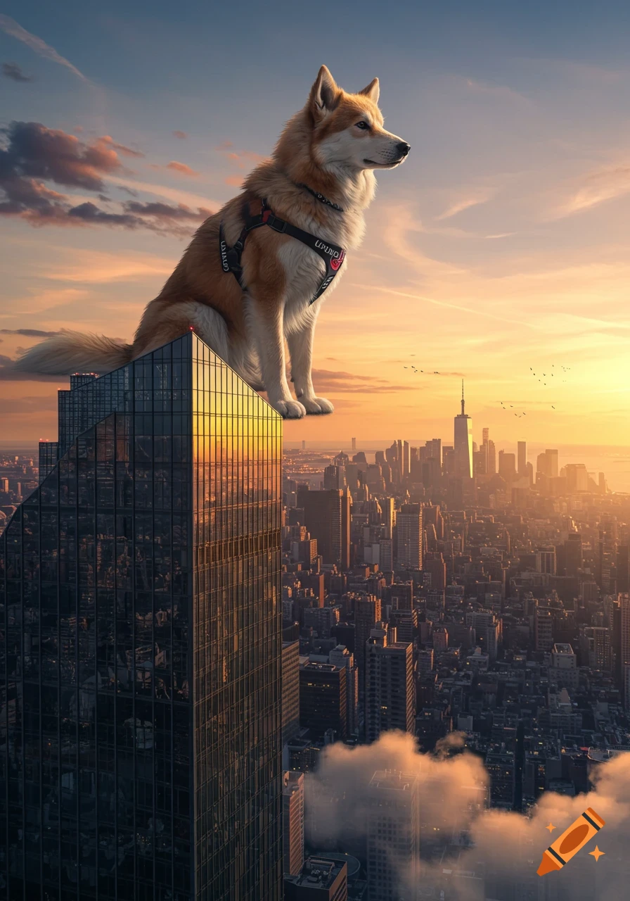 A giant husky dog sits atop a modern skyscraper, overlooking a vast city skyline at sunset.