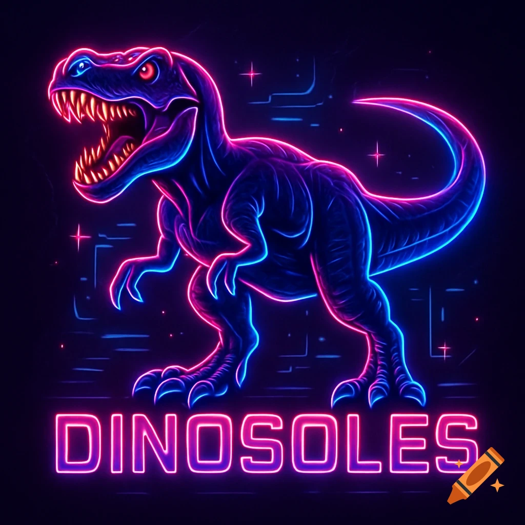 Neon art of a T-Rex with pink and blue glowing outlines on a dark background, with the word DINOSOLES below it.