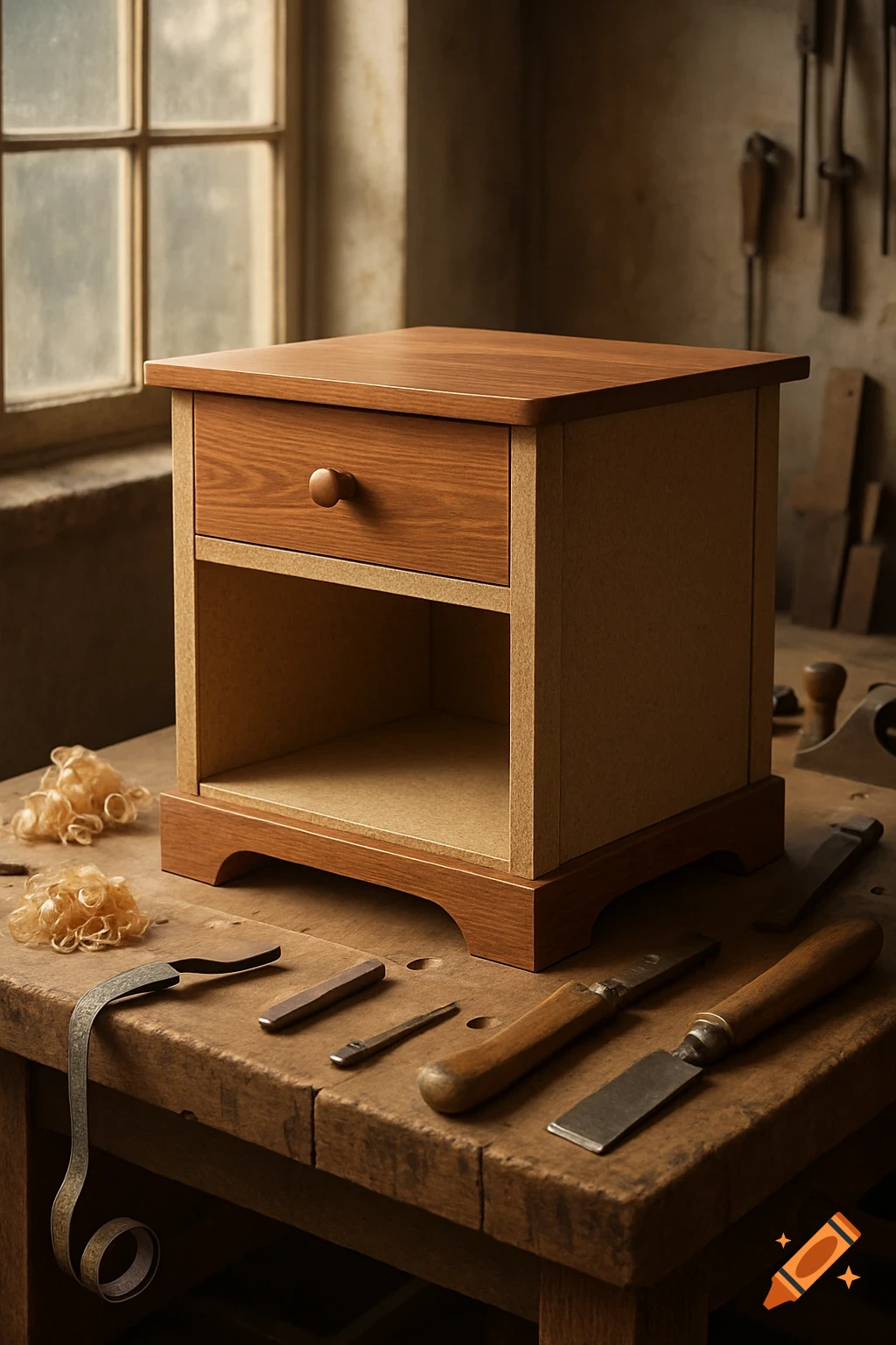 A photorealistic wooden nightstand on a workshop workbench, surrounded by woodworking tools and wood shavings.