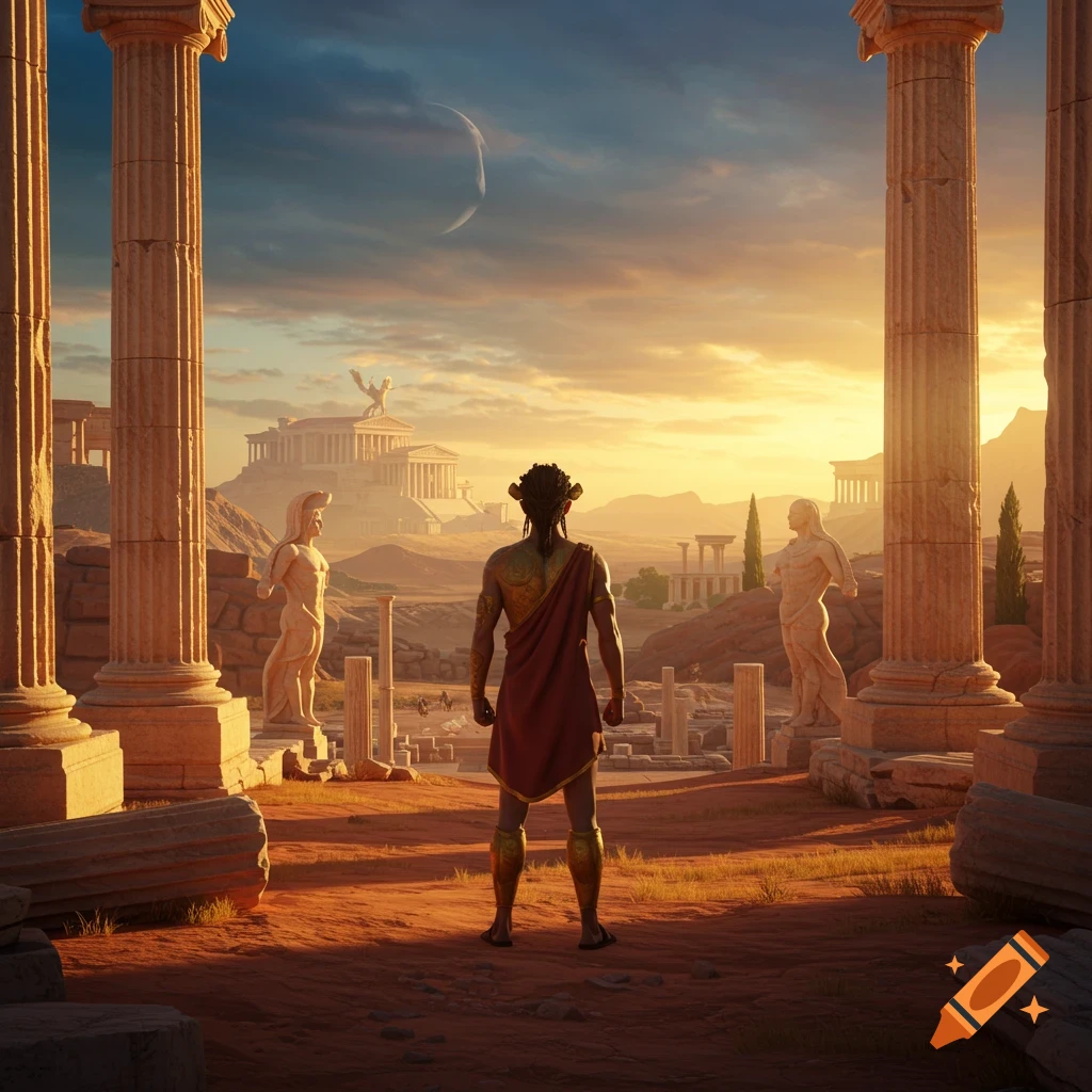 Person in ancient attire stands among ruins, gazing at a distant classical city and sunset with a crescent moon.