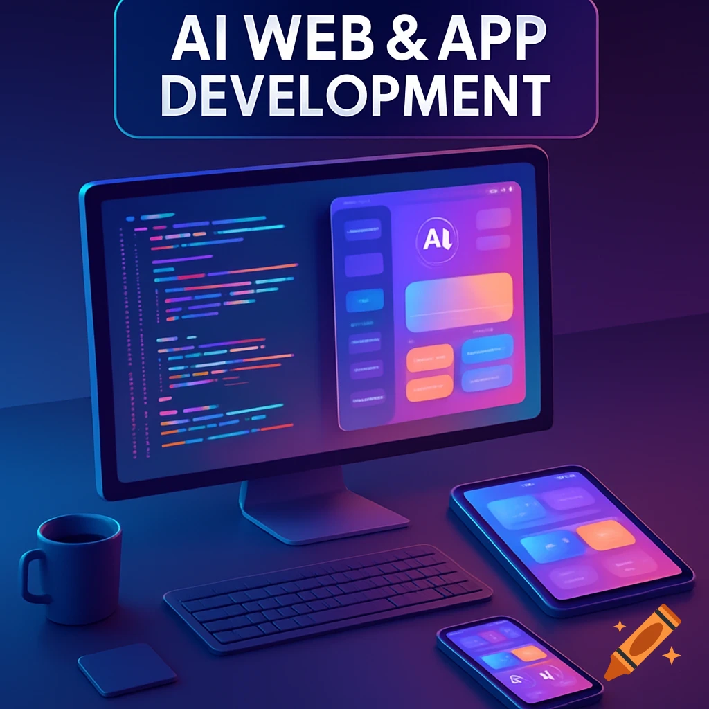 Digital illustration of a modern tech workspace with 'AI WEB & APP DEVELOPMENT' banner, monitor showing code and app UIs, tablet, and smartphone.