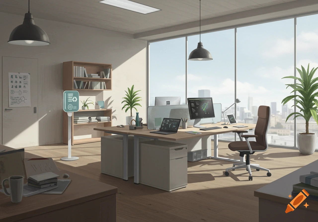 Modern, sunlit office with a desk, laptop, monitor, and a large window overlooking a city.