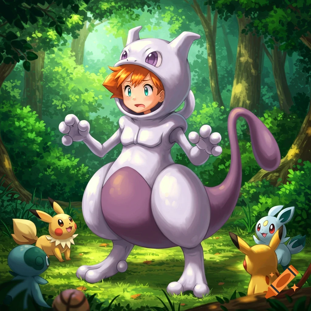 Misty in a Mewtwo costume looks surprised while surrounded by Pikachu, Snorble, and Eevee in a vibrant forest.