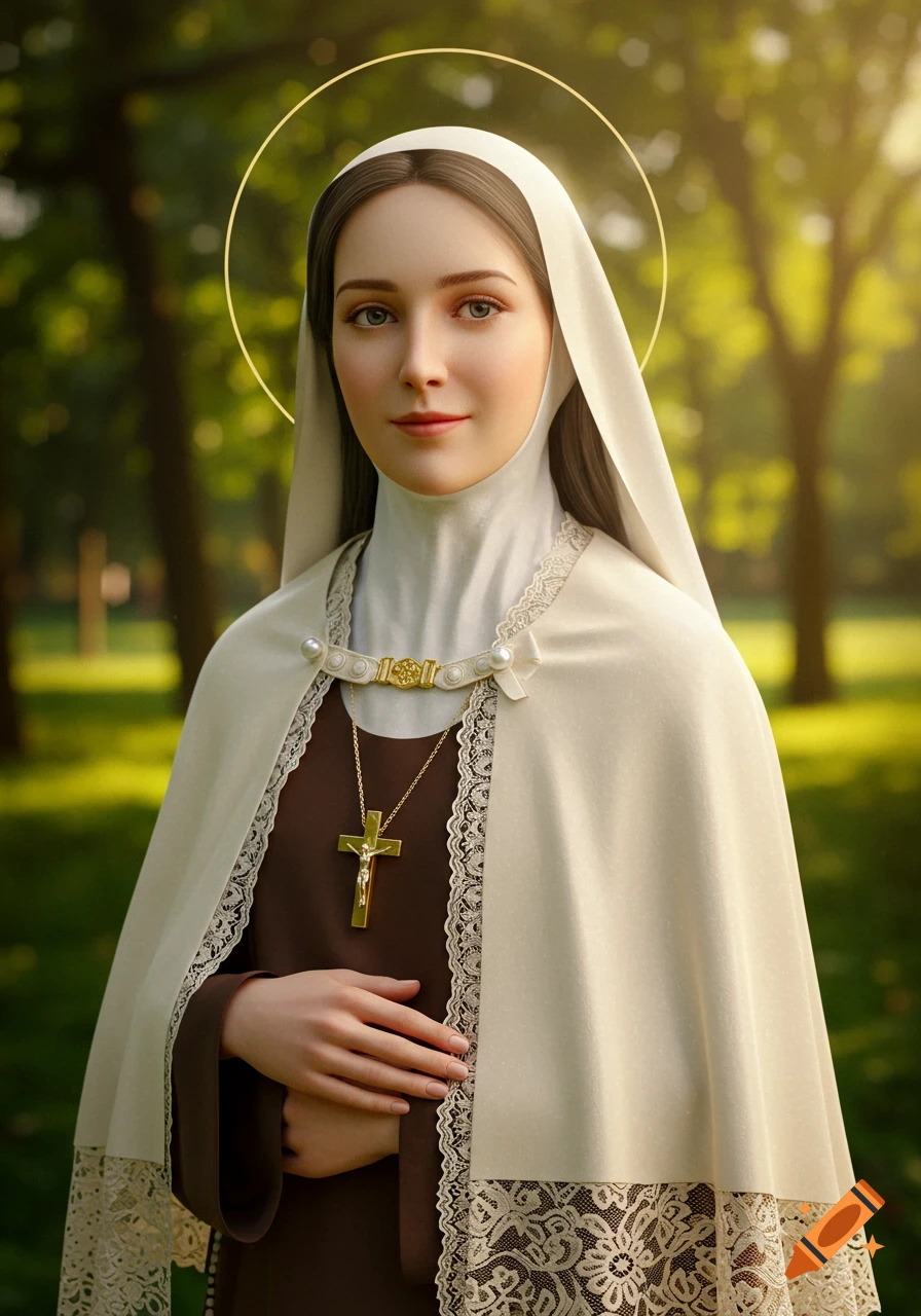 Photorealistic portrait of a young woman in a white nun's habit, with a halo and a crucifix necklace, standing outdoors with a green background.