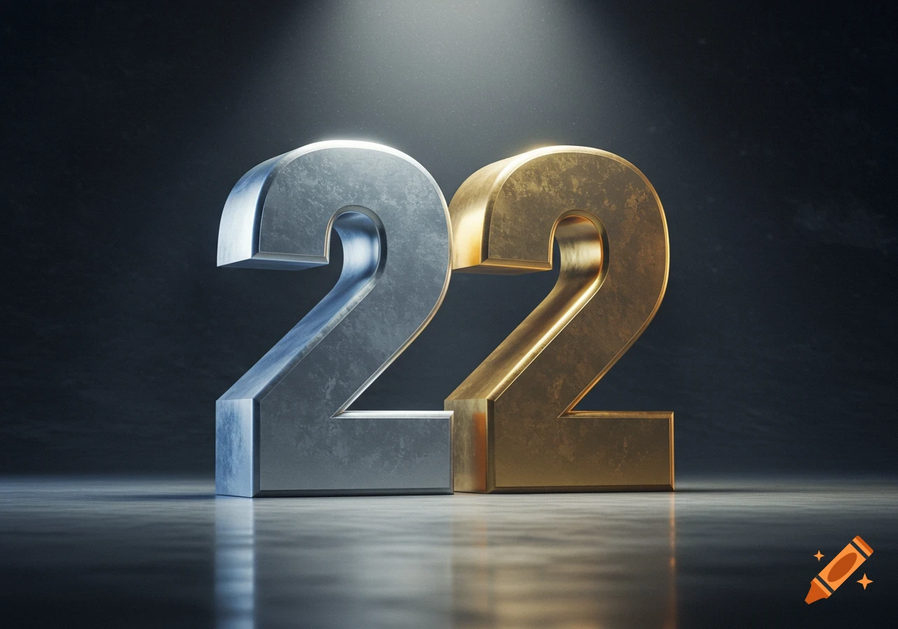 Metallic silver and gold 3D numbers '22' under a spotlight on a dark reflective surface.