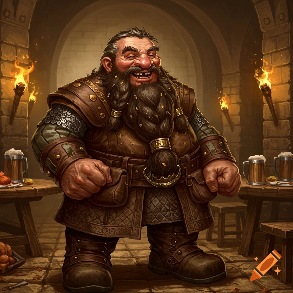 Fantasy illustration of a cheerful, bearded dwarf with a huge smile and missing teeth, standing in a stone tavern with lit torches.