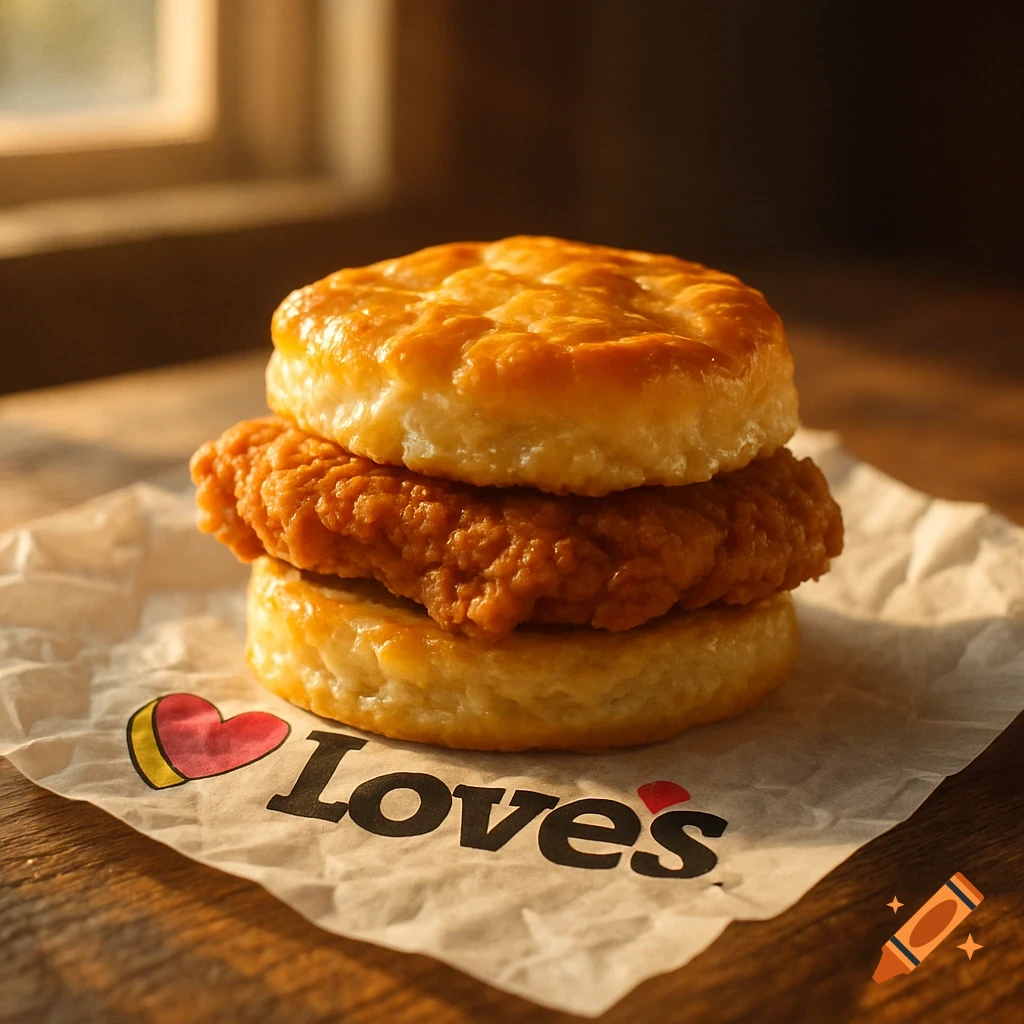 Photorealistic close-up of a golden fried chicken biscuit on a white paper wrapper with 'Love's' logo, lit by warm natural light.