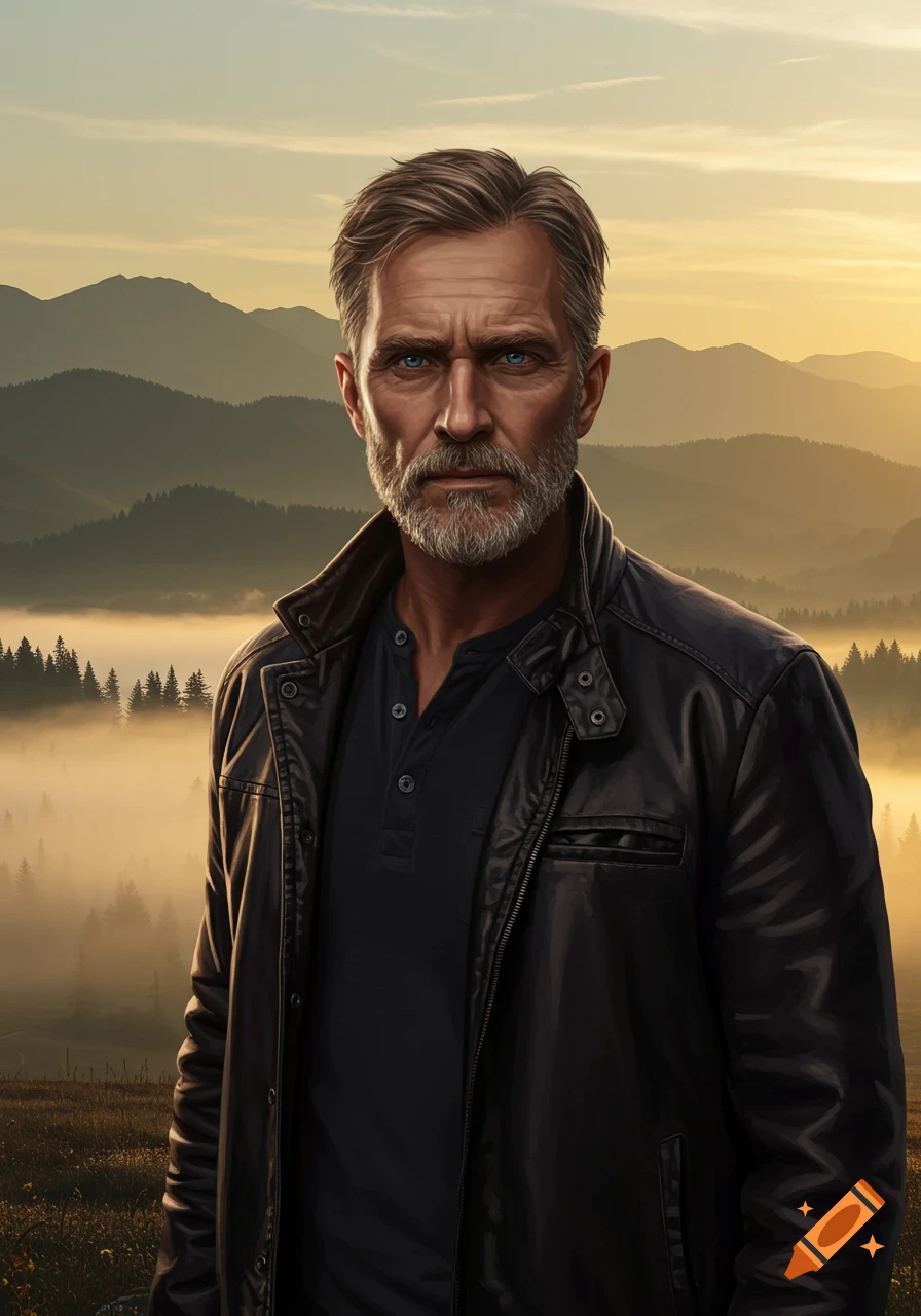 A photorealistic portrait of a serious older man with a grey beard and blue eyes, wearing a black leather jacket, against a misty mountain landscape at sunrise.