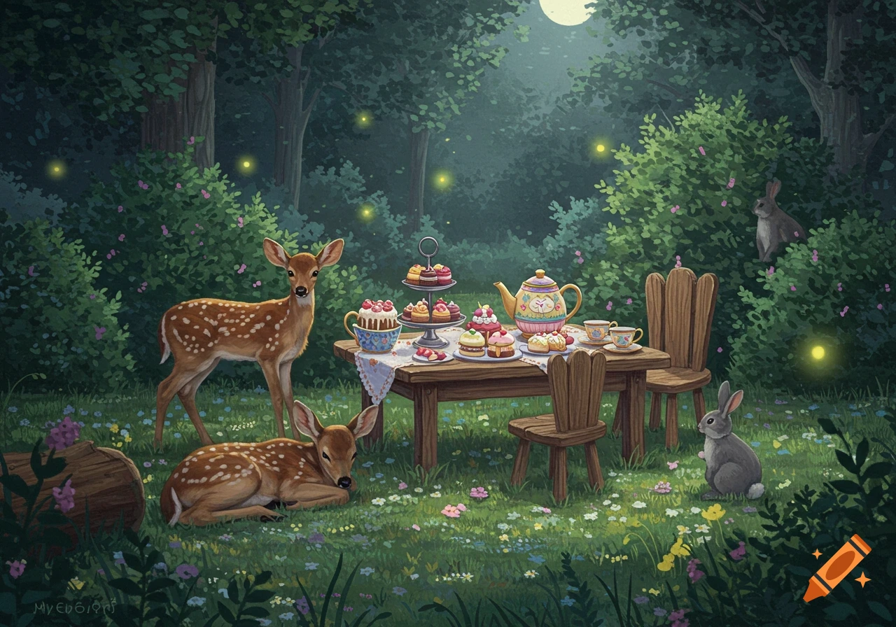 Two fawns and rabbits at a whimsical moonlit forest tea party with pastries and fireflies, illustration.