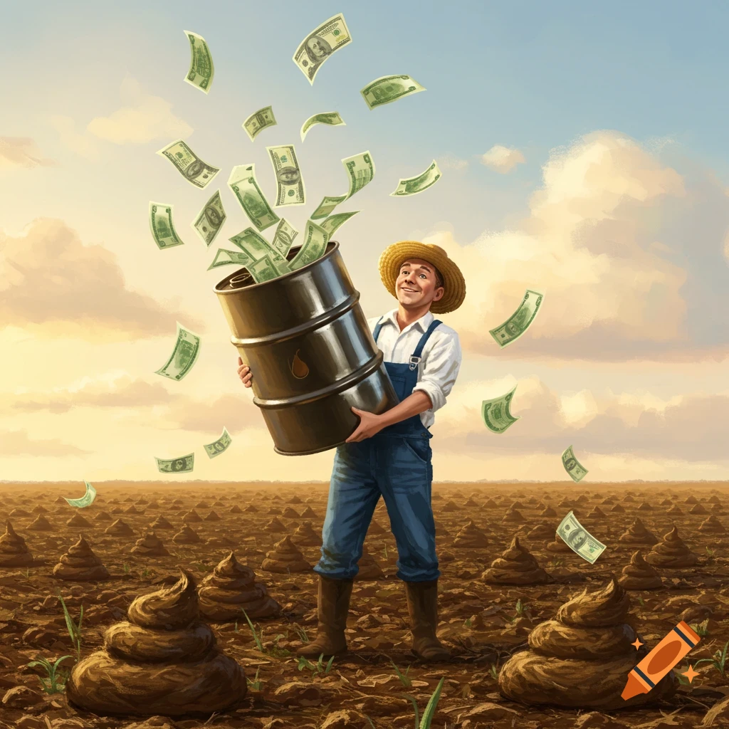 A cheerful farmer holds a barrel overflowing with money in a field full of stylized manure piles under a warm sky.