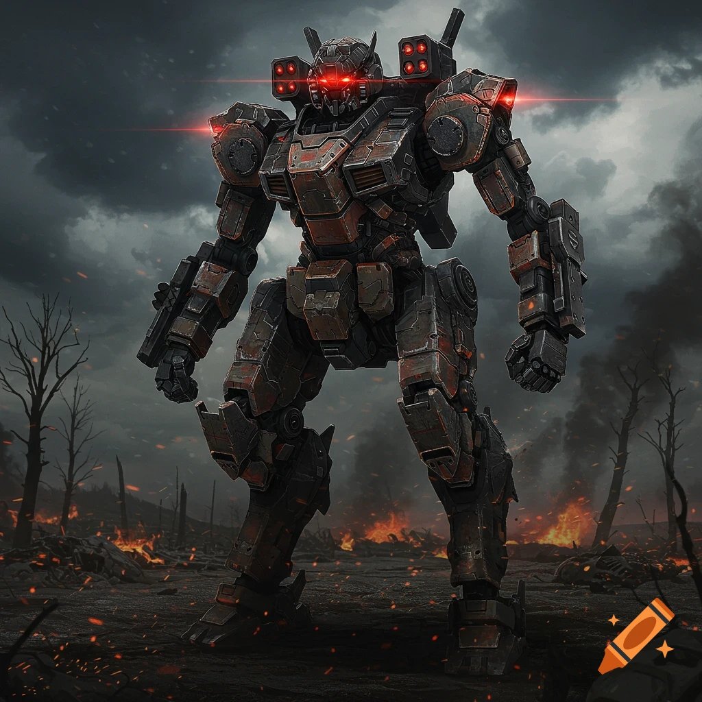 A massive, dark, and armed war mecha with glowing red eyes stands on a fiery, desolate battlefield.