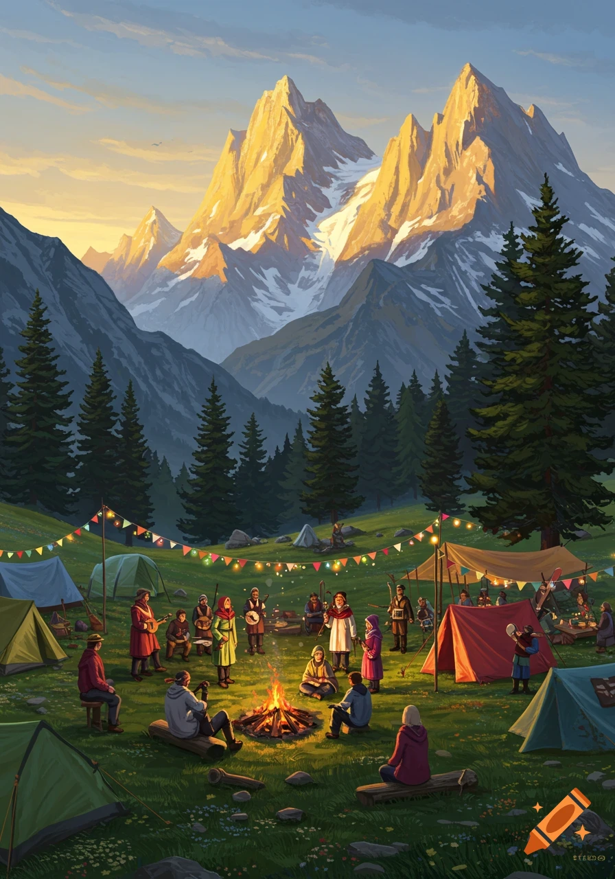 Illustrated mountain festival at sunset. People gather around a campfire in a valley with tents, string lights, and snow-capped peaks.