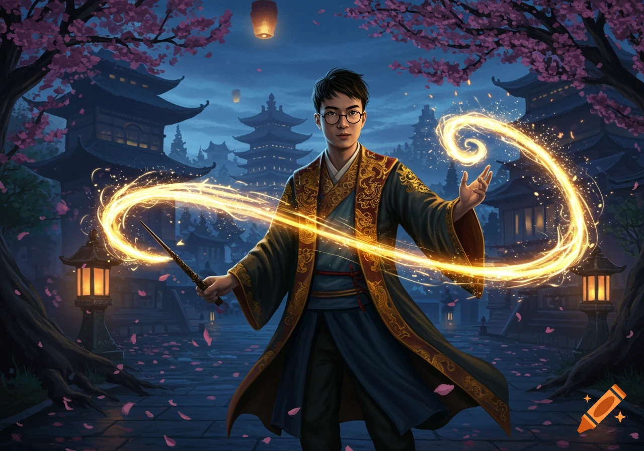 Young Asian wizard casting a golden spell with a wand amidst traditional East Asian pagodas and cherry blossoms at night.