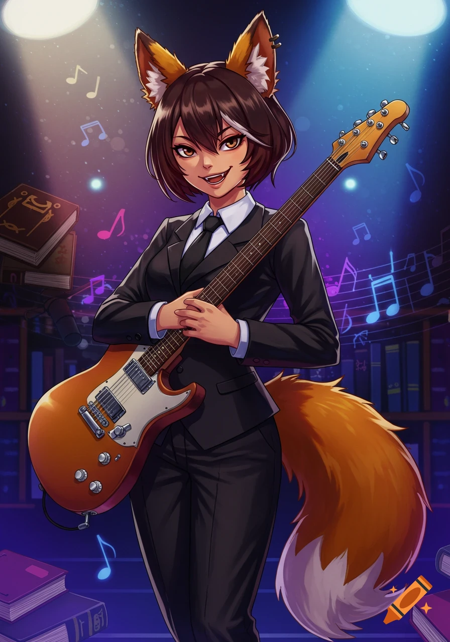 An anime-style fox-girl with brown hair and a tail, wearing a black suit and tie, holding an orange electric guitar on a stage with musical notes.