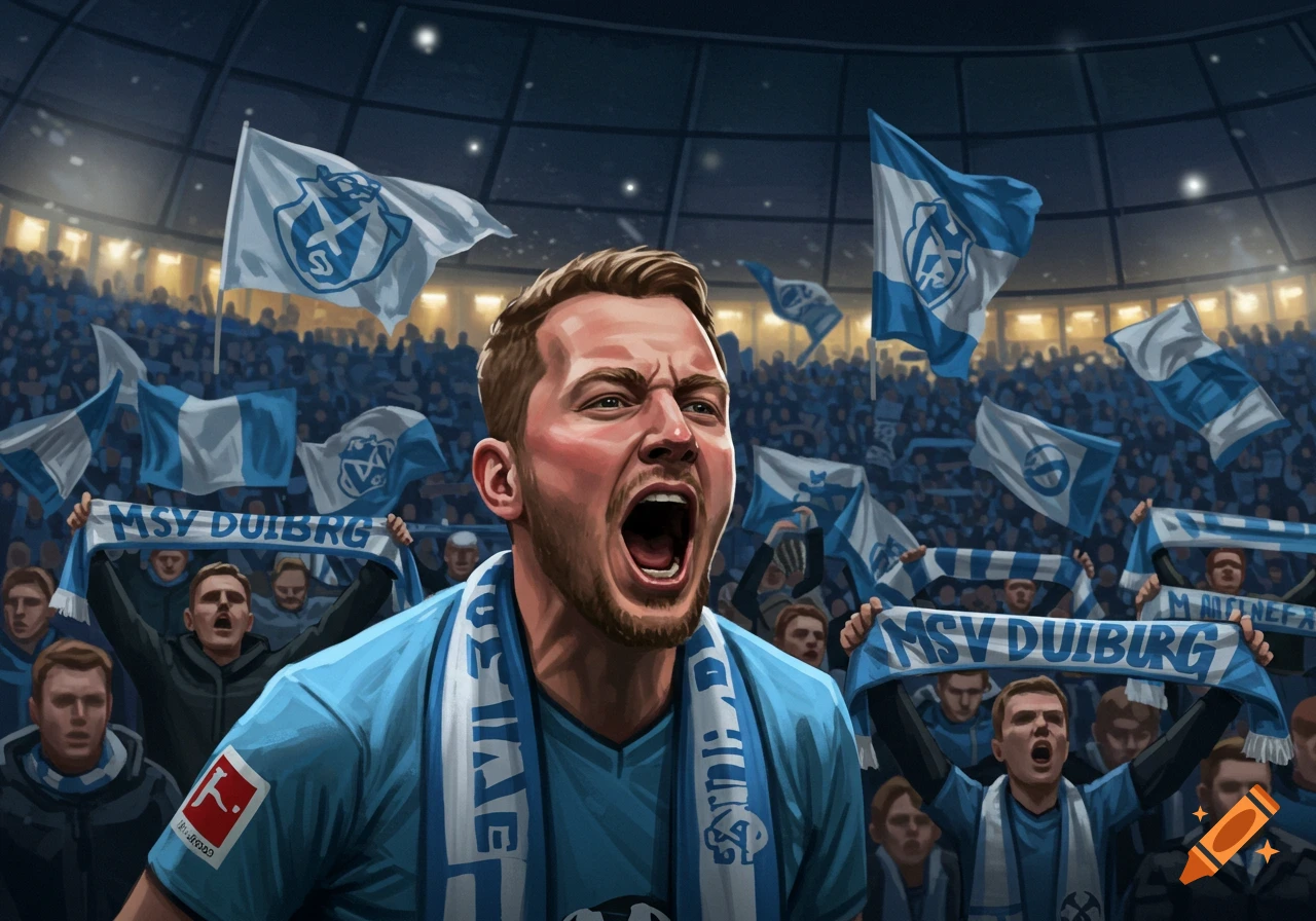An illustrated soccer fan in a light blue jersey and scarf screams passionately in a crowded stadium filled with cheering fans and waving flags.