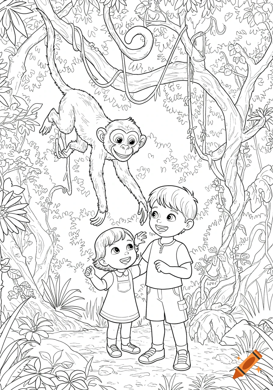 Black and white coloring page of a monkey swinging from a tree towards a smiling boy and girl in a jungle scene.