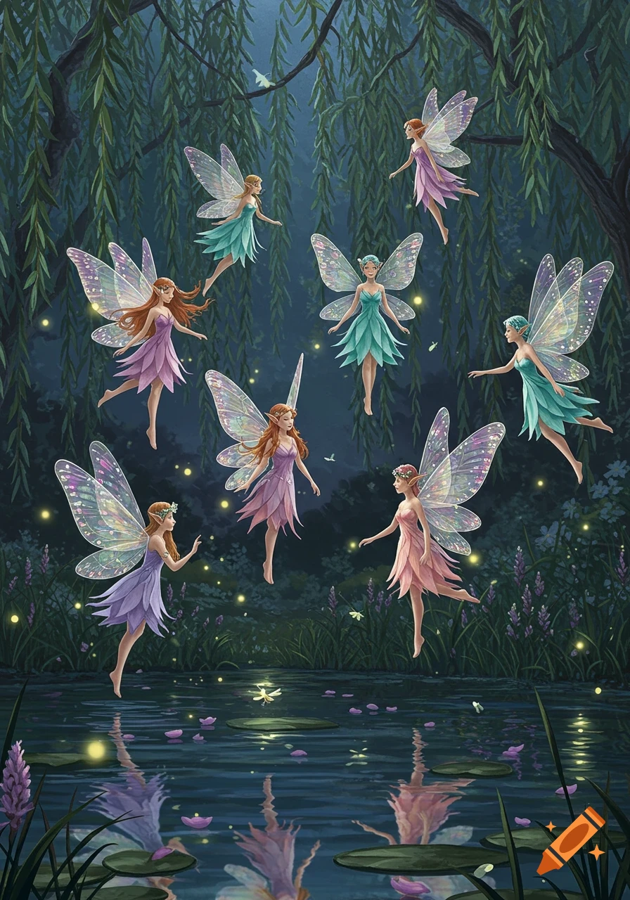 Multiple ethereal fairies with glowing wings fly and float around a magical forest pond at dusk, with reflections in the water.