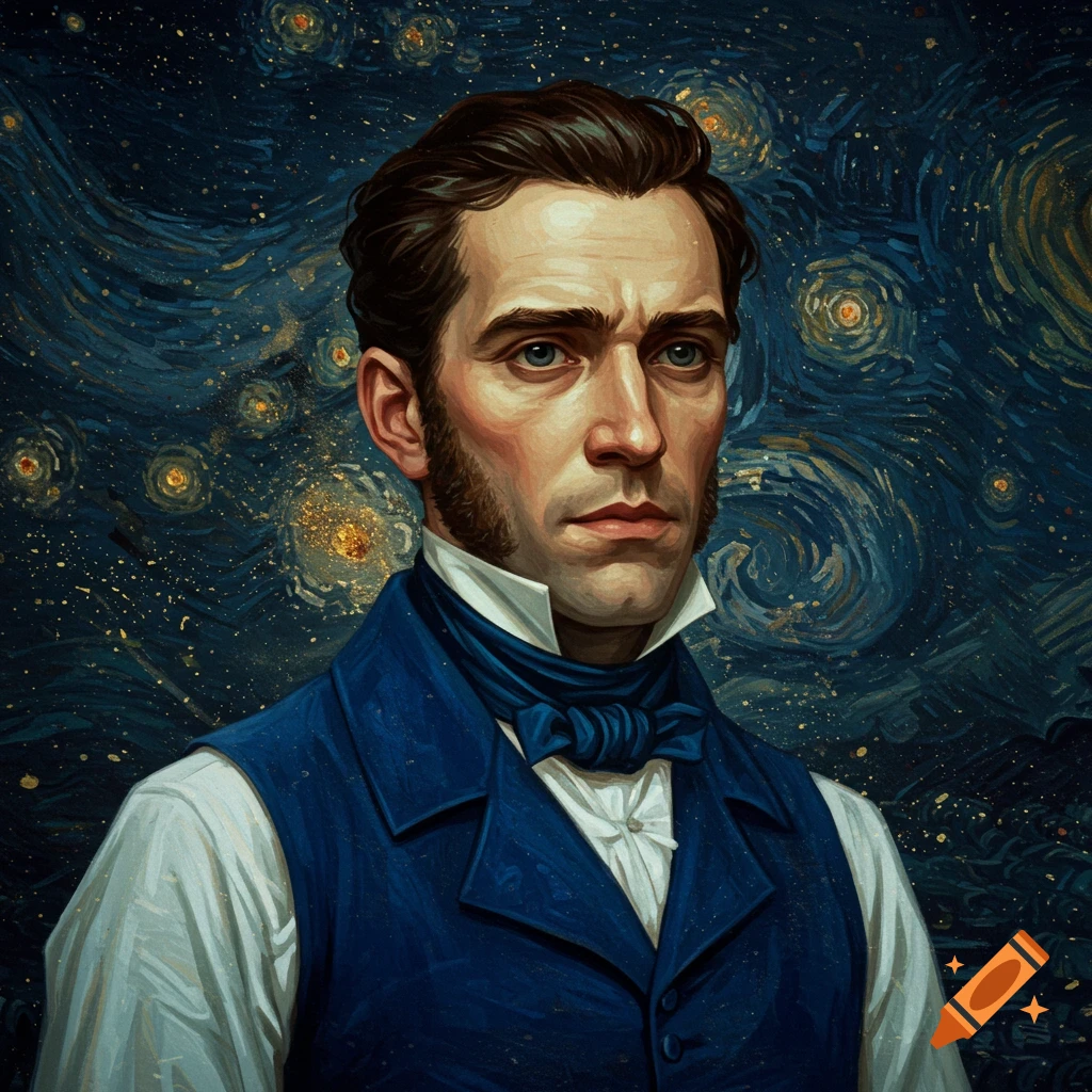 Portrait of a man in a blue vest and cravat against a swirling, starry Van Gogh-style sky.